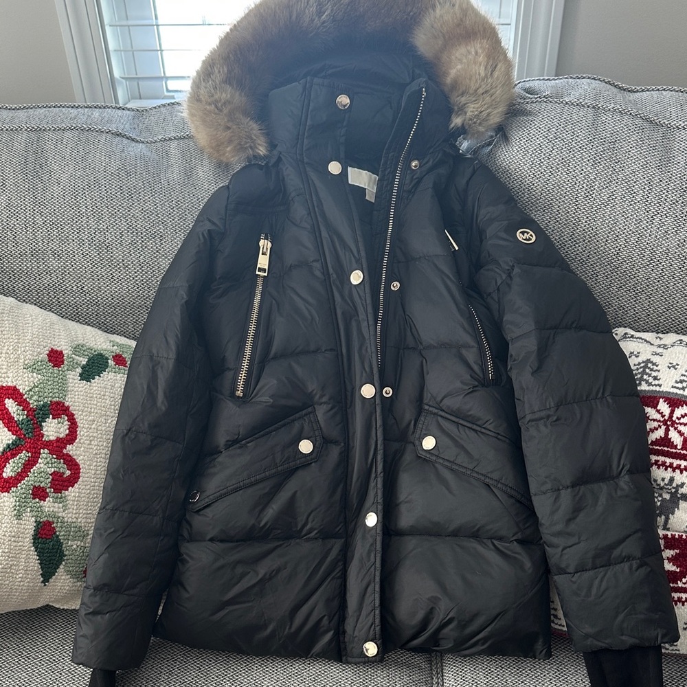 MICHAEL Michael Kors Black Puffer Jacket with Fur Hood